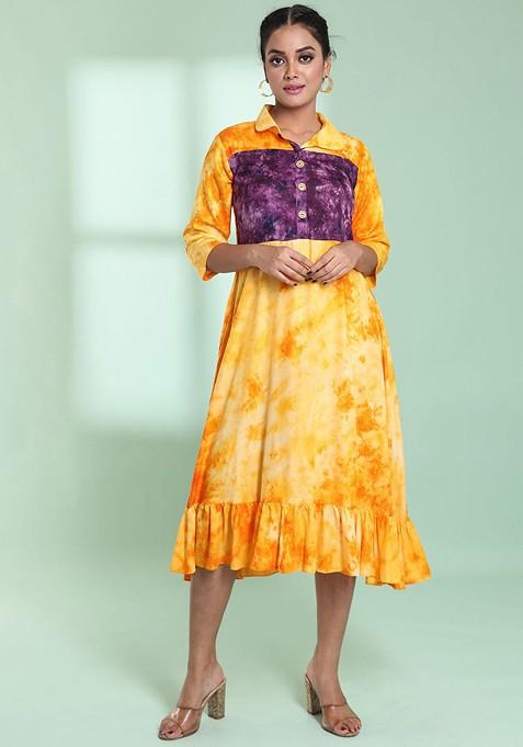 Yellow Printed Rayon Midi Dress