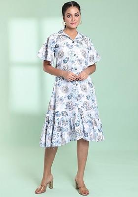 White Floral Print Cotton Gown