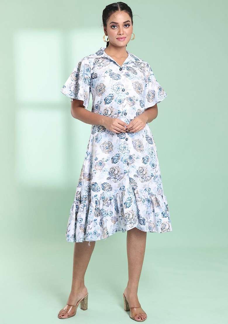 White Floral Print Cotton Gown - Indya