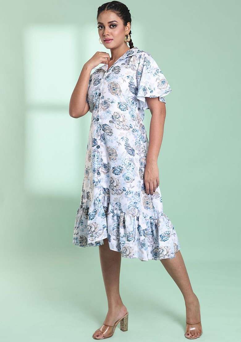 White Floral Print Cotton Gown - Indya