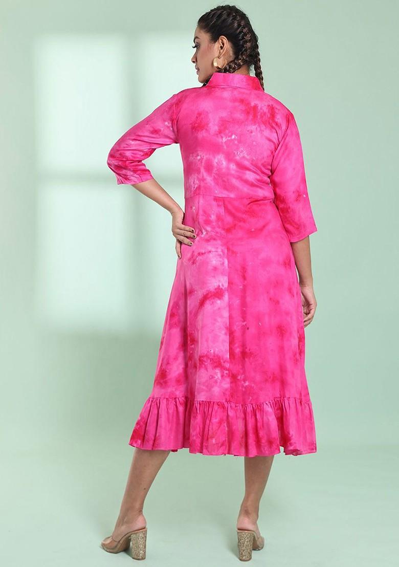 Pink Printed Rayon Midi Ethnic Dress