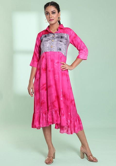 Pink Printed Rayon Midi Ethnic Dress