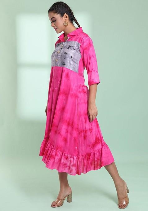 Pink Printed Rayon Midi Ethnic Dress