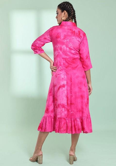 Pink Printed Rayon Midi Ethnic Dress