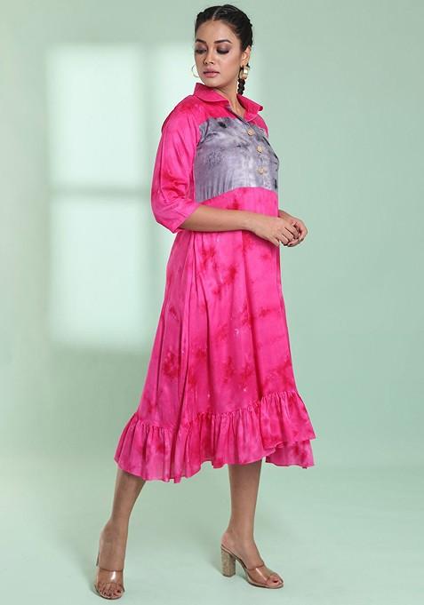 Pink Printed Rayon Midi Ethnic Dress
