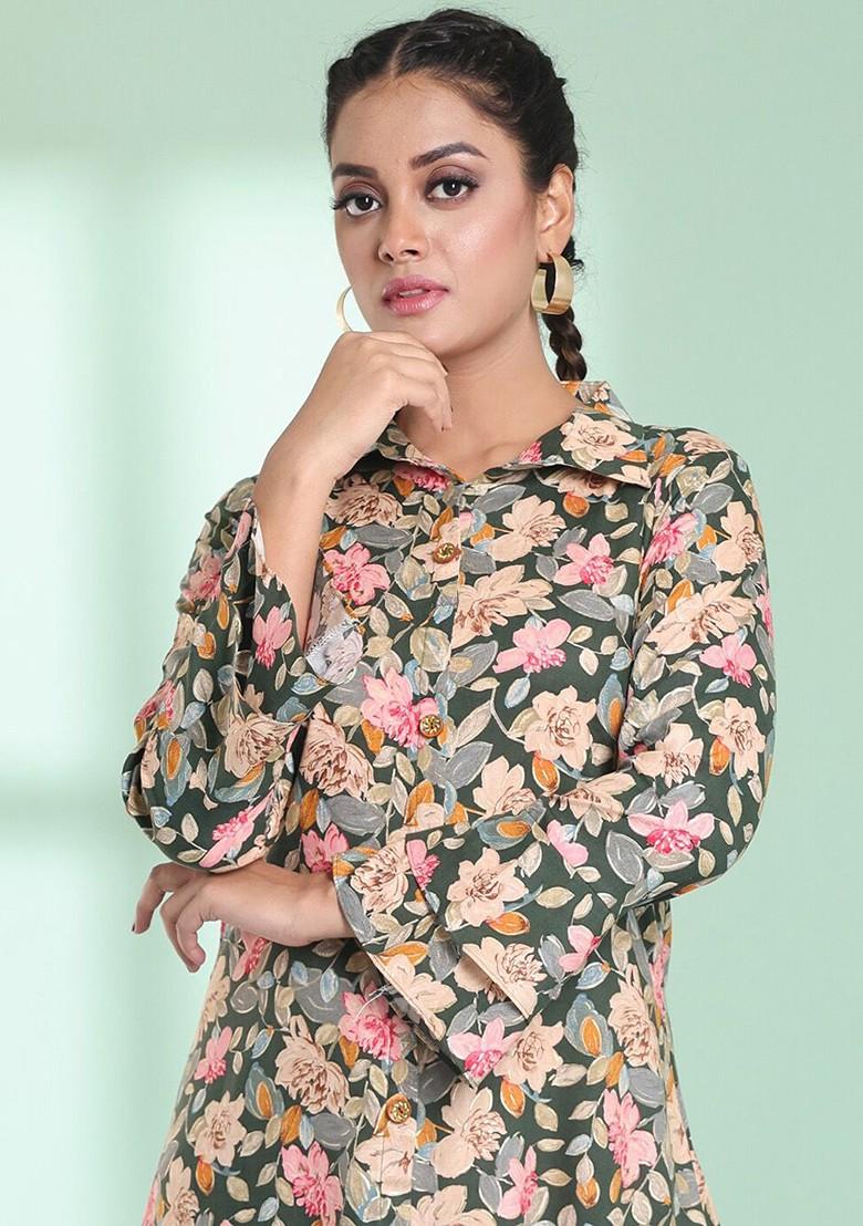 Green Floral Print Rayon Midi Dress