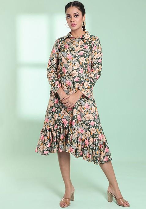 Green Floral Print Rayon Midi Dress