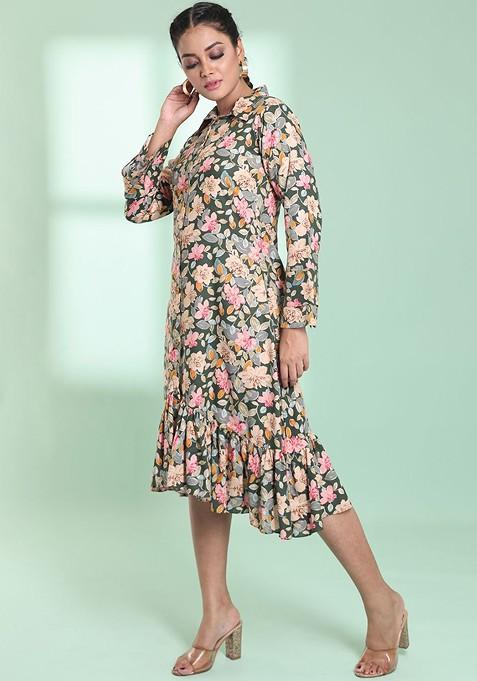 Green Floral Print Rayon Midi Dress