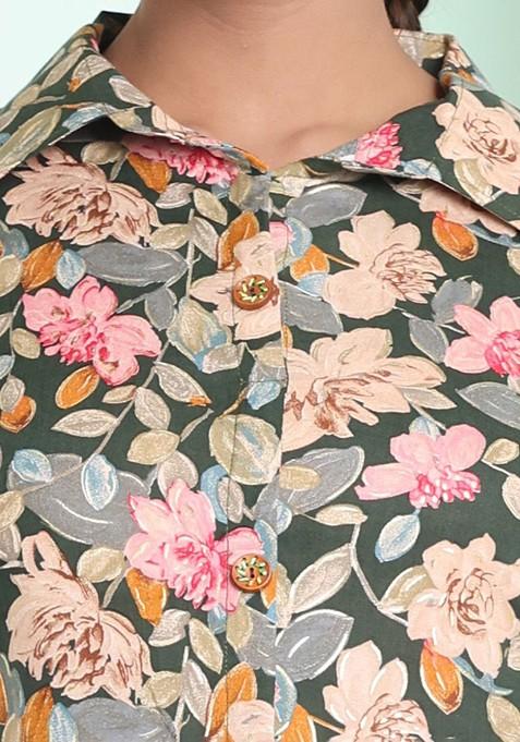 Green Floral Print Rayon Midi Dress