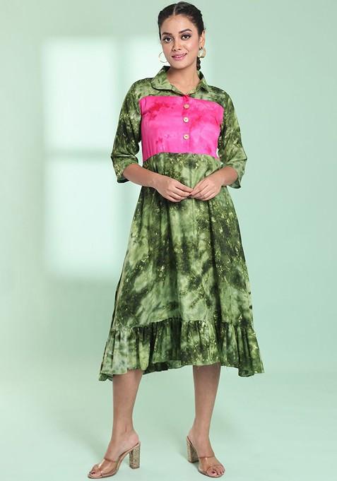 Green Tie And Dye Print Rayon Midi Dress