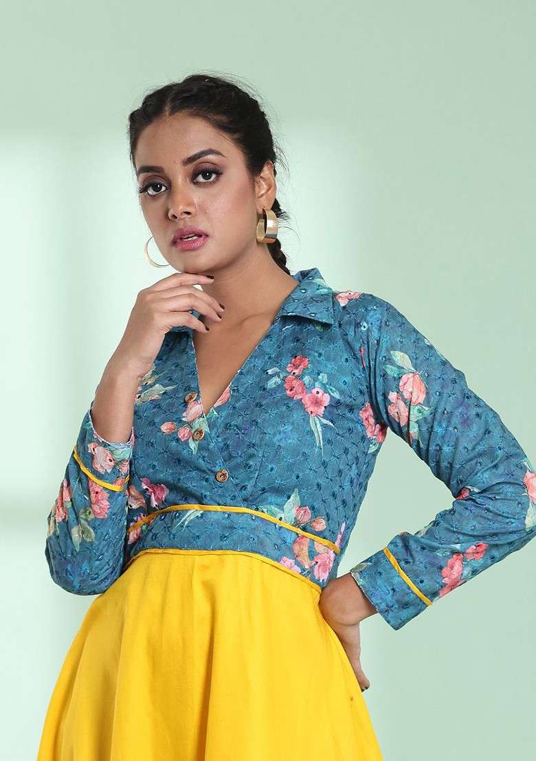 Yellow Floral Print Cotton Co Ord Set - Indya