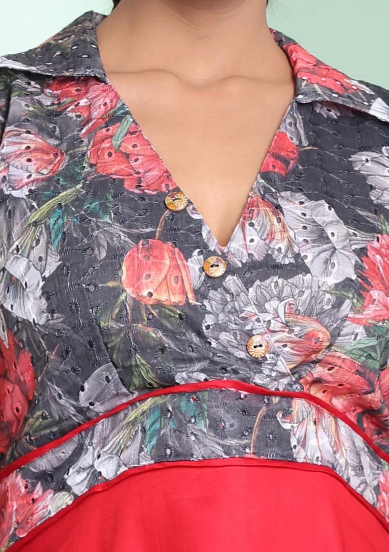 Red Floral Print Cotton Dress