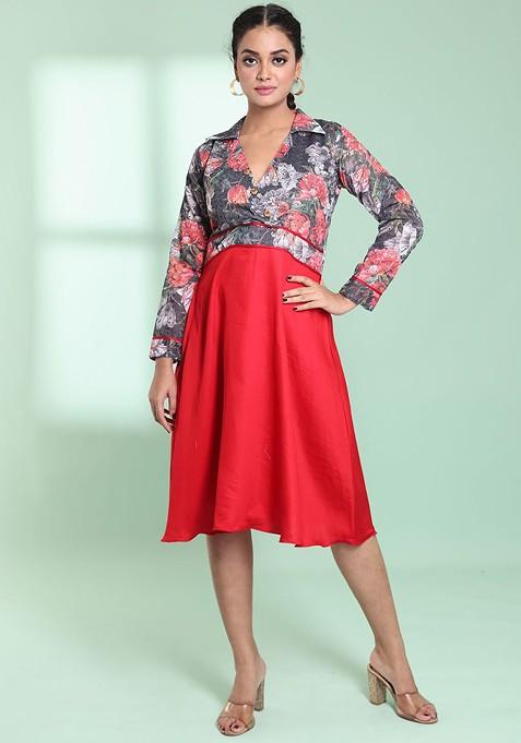 Red Floral Print Cotton Dress