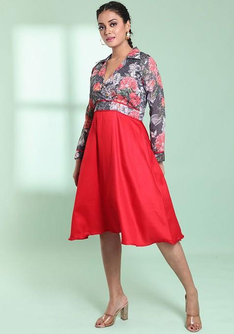 Red Floral Print Cotton Dress