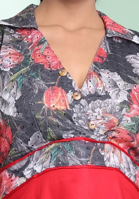 Red Floral Print Cotton Dress