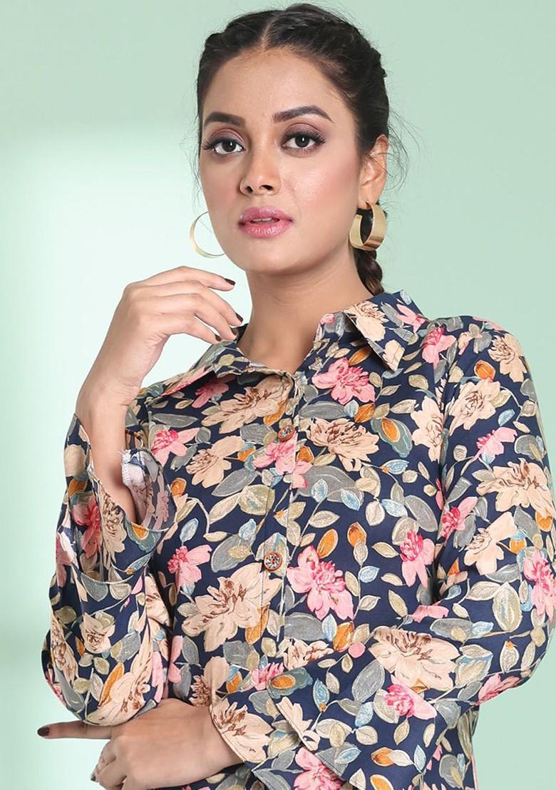 Navy Blue Floral Print Rayon Midi Dress