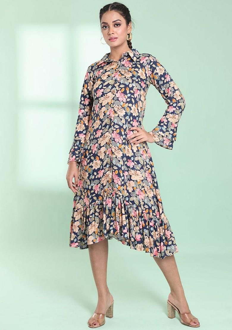 Navy Blue Floral Print Rayon Midi Dress