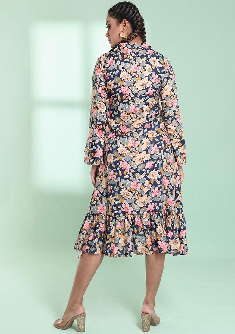 Navy Blue Floral Print Rayon Midi Dress