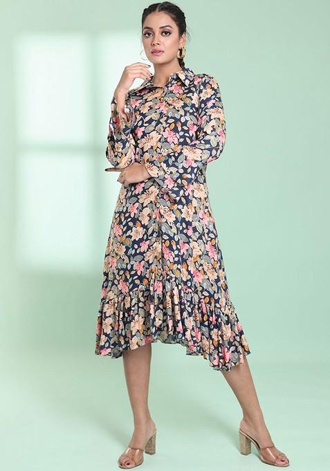 Navy Blue Floral Print Rayon Midi Dress