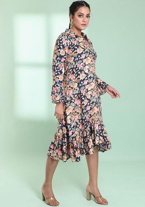 Navy Blue Floral Print Rayon Midi Dress