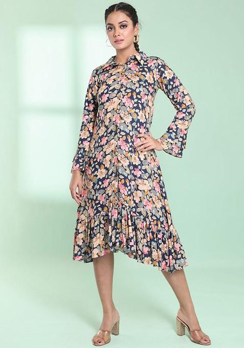 Navy Blue Floral Print Rayon Midi Dress
