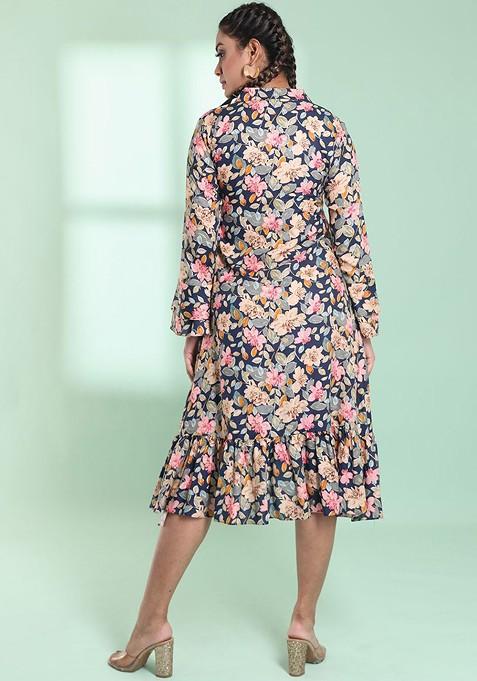 Navy Blue Floral Print Rayon Midi Dress