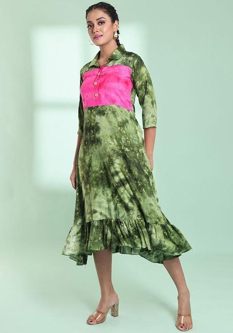 Green Ethnic Motifs Rayon Midi Ethnic Dress