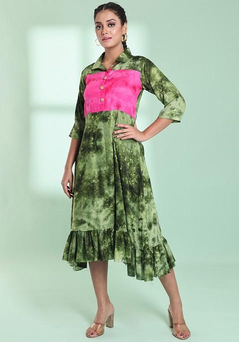 Green Ethnic Motifs Rayon Midi Ethnic Dress