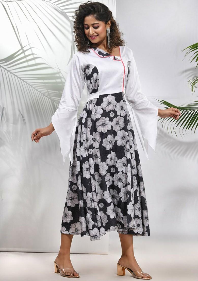 Black Floral Print Chinon Midi Ethnic Dress