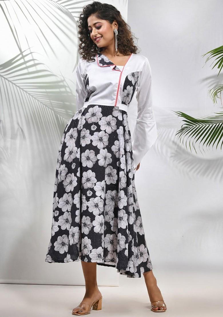 Black Floral Print Chinon Midi Ethnic Dress