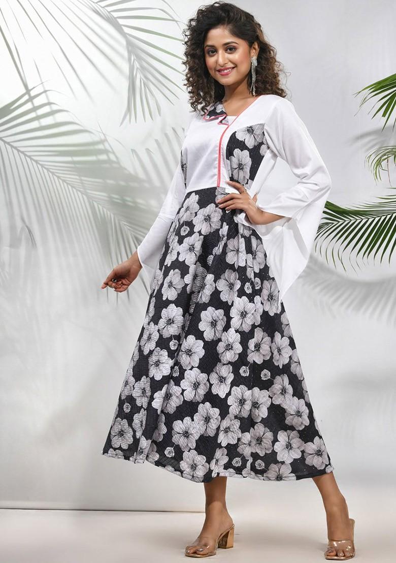 Black Floral Print Chinon Midi Ethnic Dress