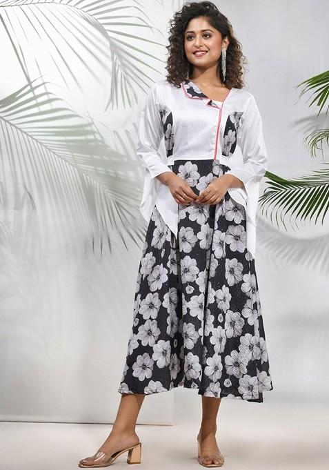 Black Floral Print Chinon Midi Ethnic Dress