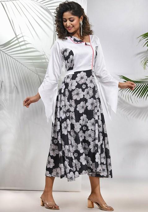 Black Floral Print Chinon Midi Ethnic Dress