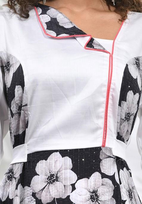 Black Floral Print Chinon Midi Ethnic Dress