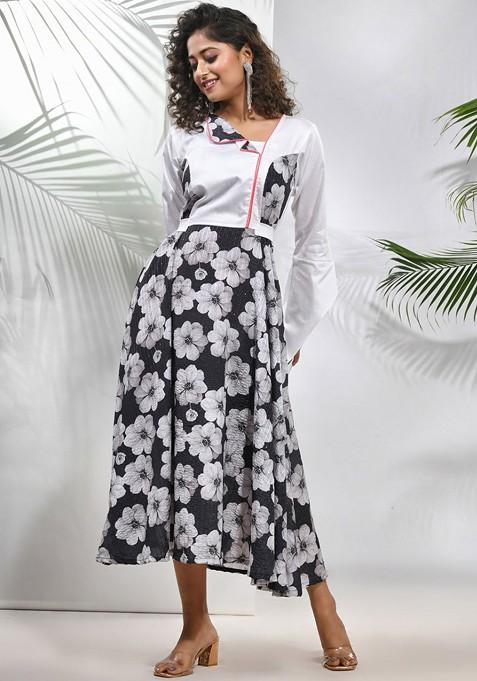 Black Floral Print Chinon Midi Ethnic Dress