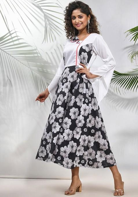 Black Floral Print Chinon Midi Ethnic Dress