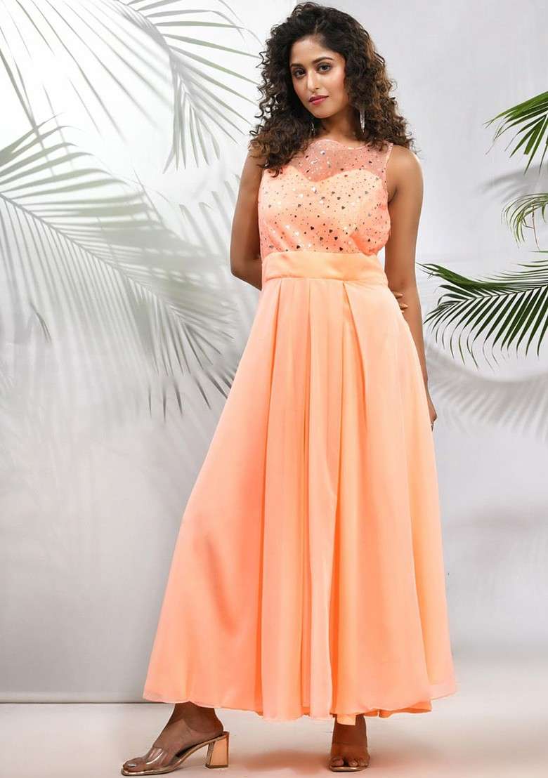 Peach Embroidered Georgette Gown - Indya