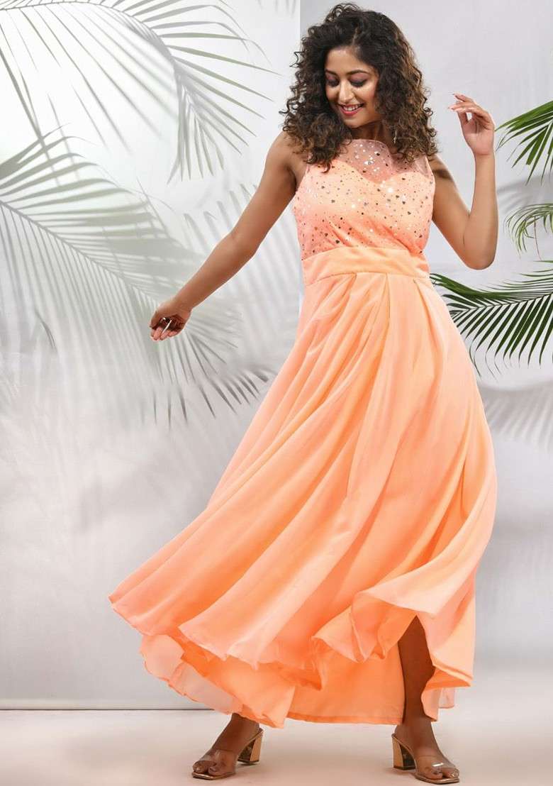 Peach Embroidered Georgette Gown - Indya
