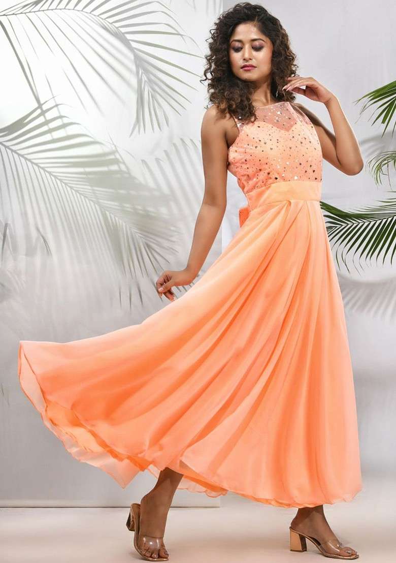 Peach Embroidered Georgette Gown - Indya