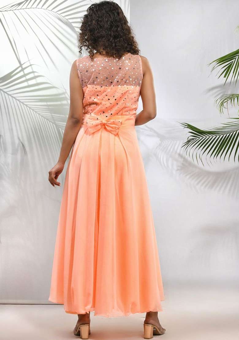 Peach Embroidered Georgette Gown - Indya