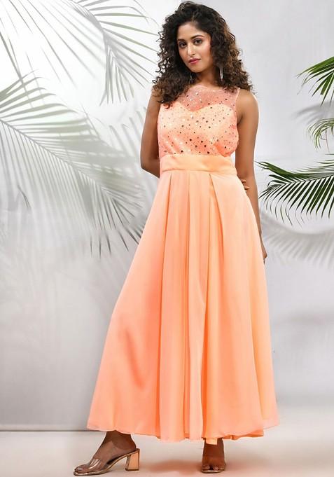 Peach Embellished Georgette Maxi Dress