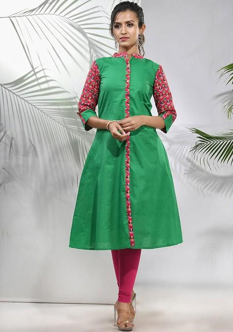 Green Solid Cotton A- Line Kurta