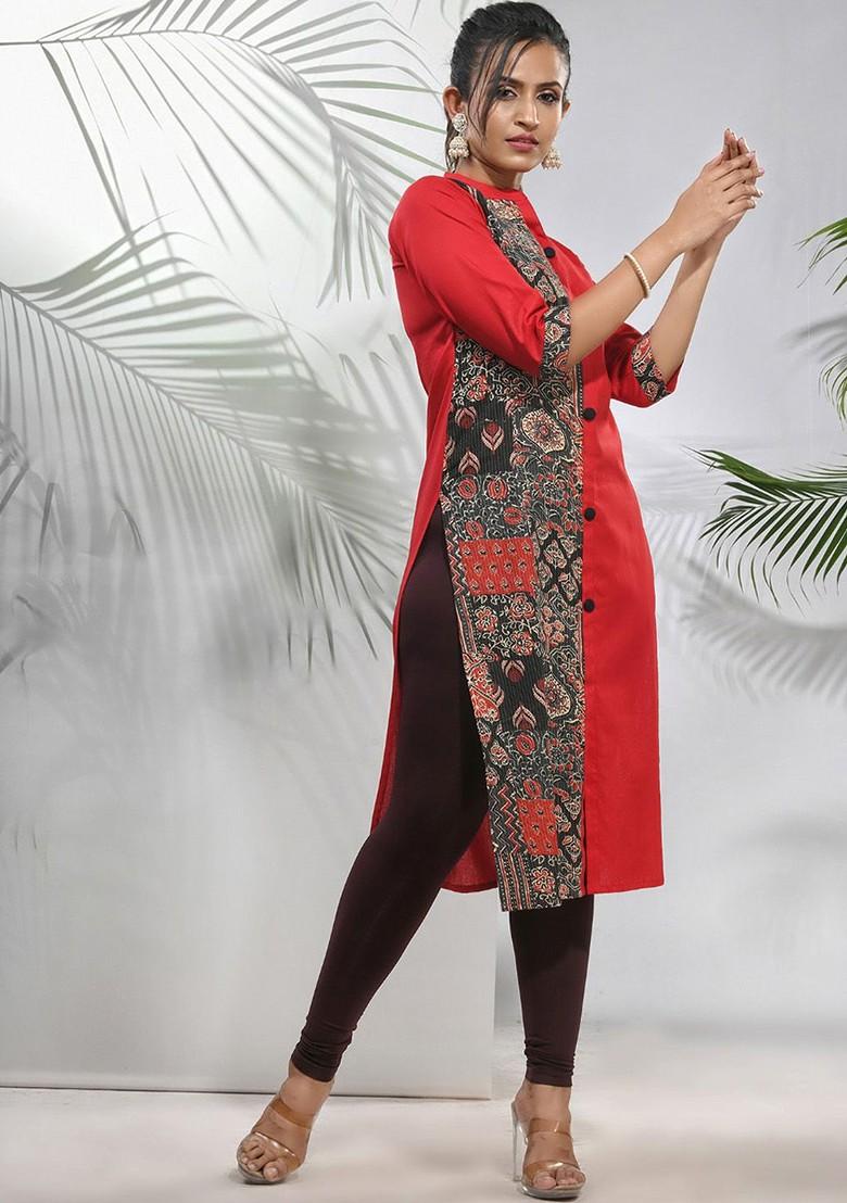 Red Floral Print Cotton A- Line Kurta