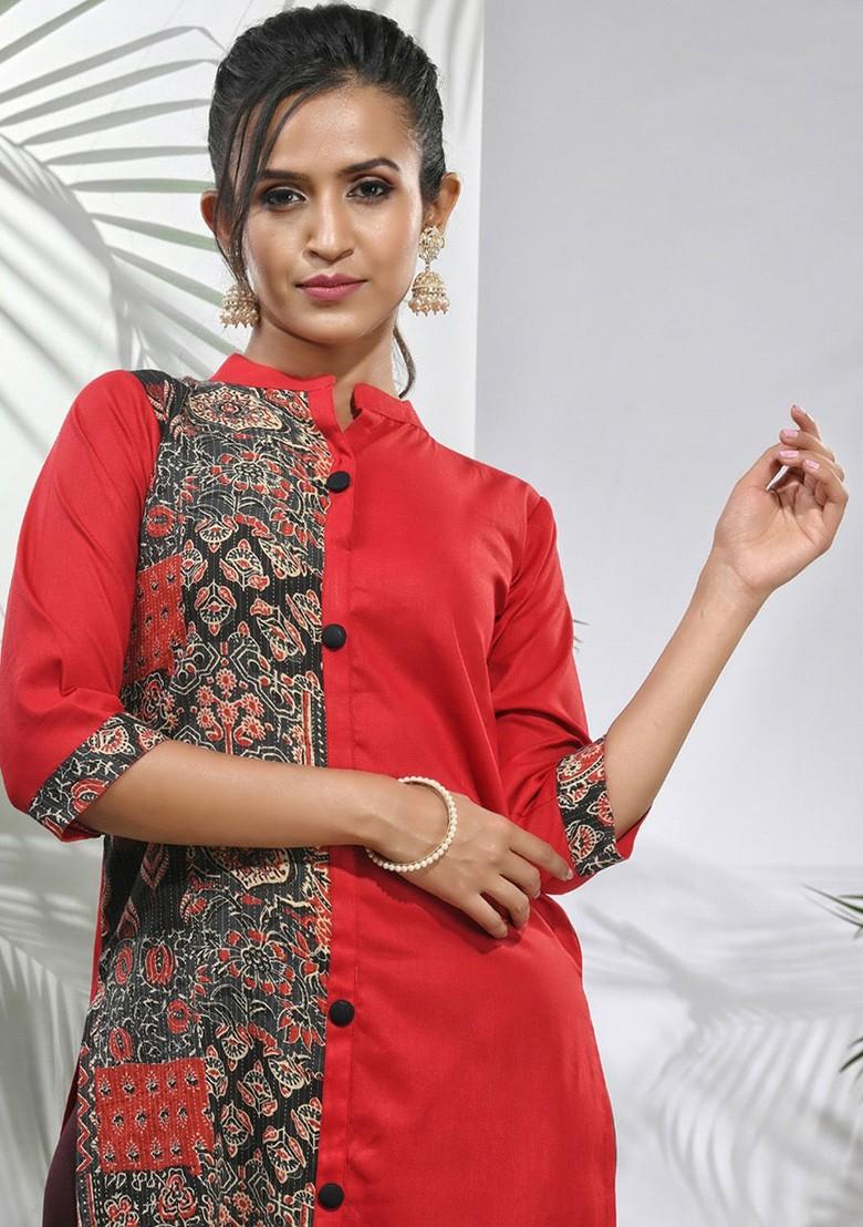 Red Floral Print Cotton A- Line Kurta