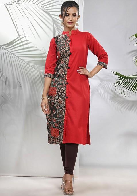 Red Floral Print Cotton A- Line Kurta