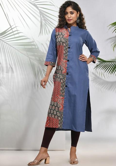 Grey Printed Cotton Straight Kurta