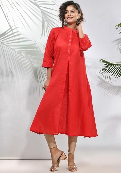 Red Solid Cotton A- Line Kurta