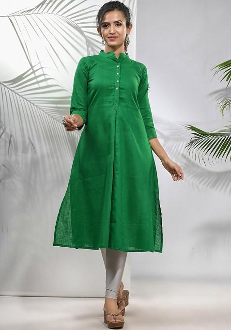 Green Solid Cotton A- Line Kurta