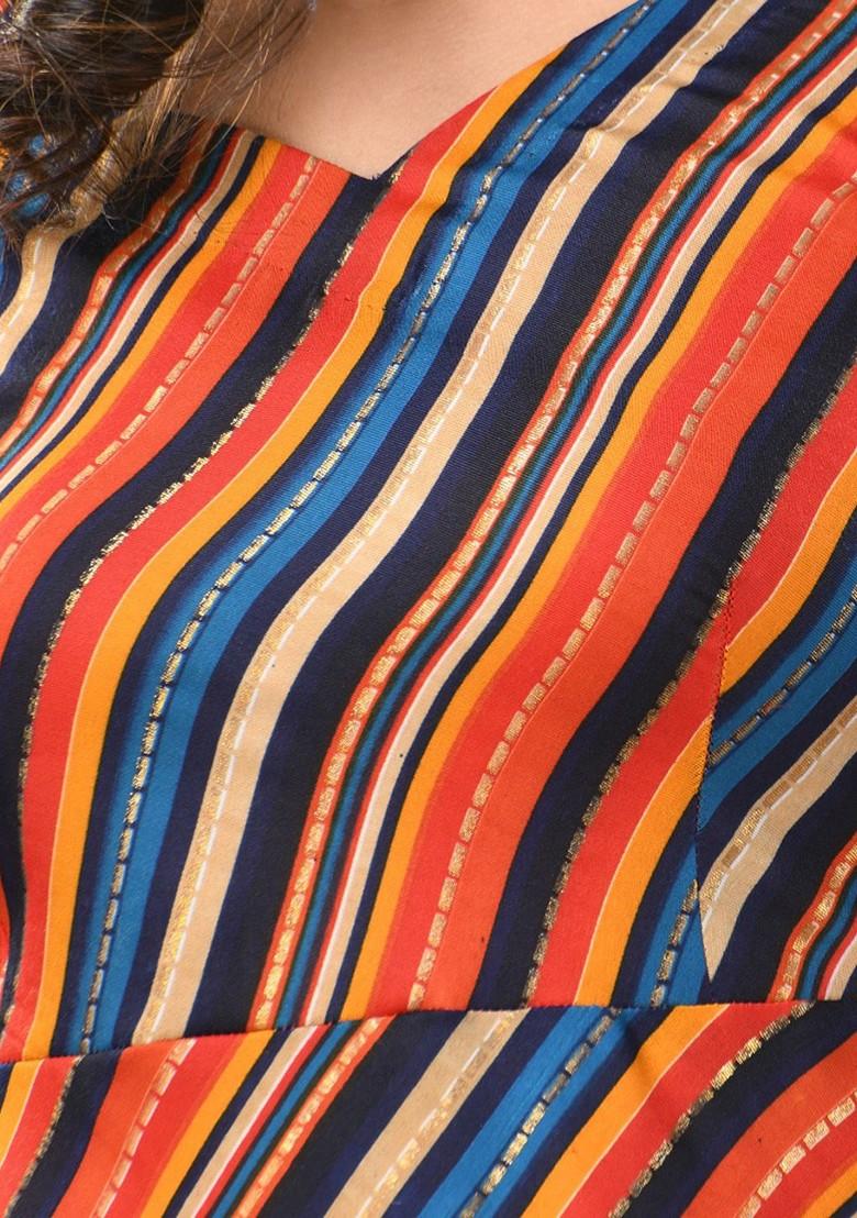 Orange Striped Print Cotton Blend Midi Ethnic Dress