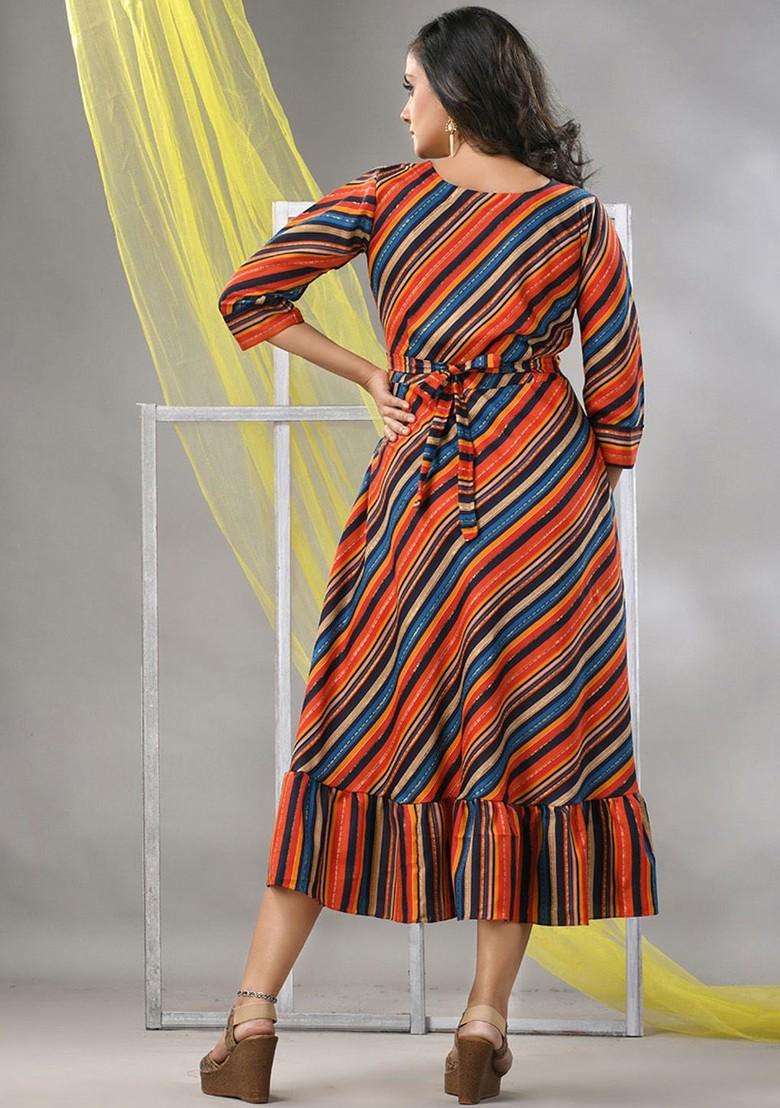 Orange Striped Print Cotton Blend Midi Ethnic Dress